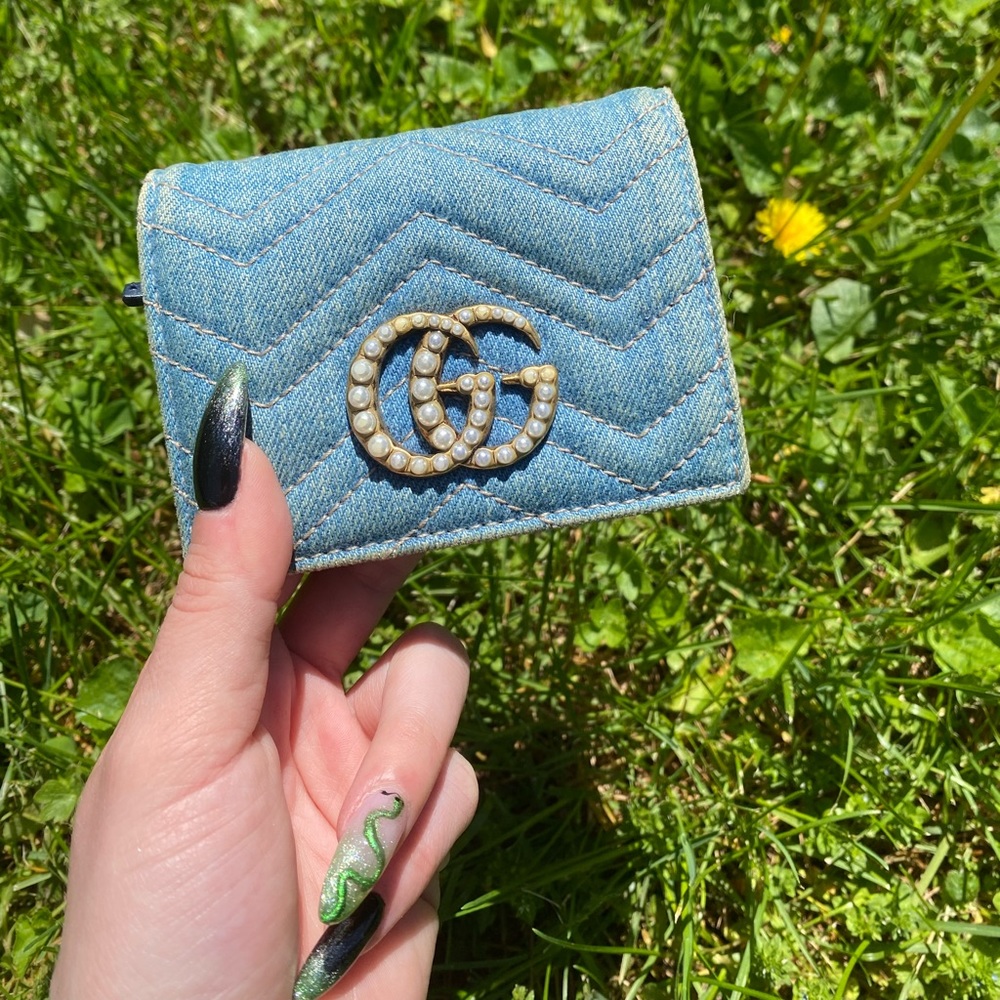 Authentic Gucci Blue Denim Wallet with Gold Logo